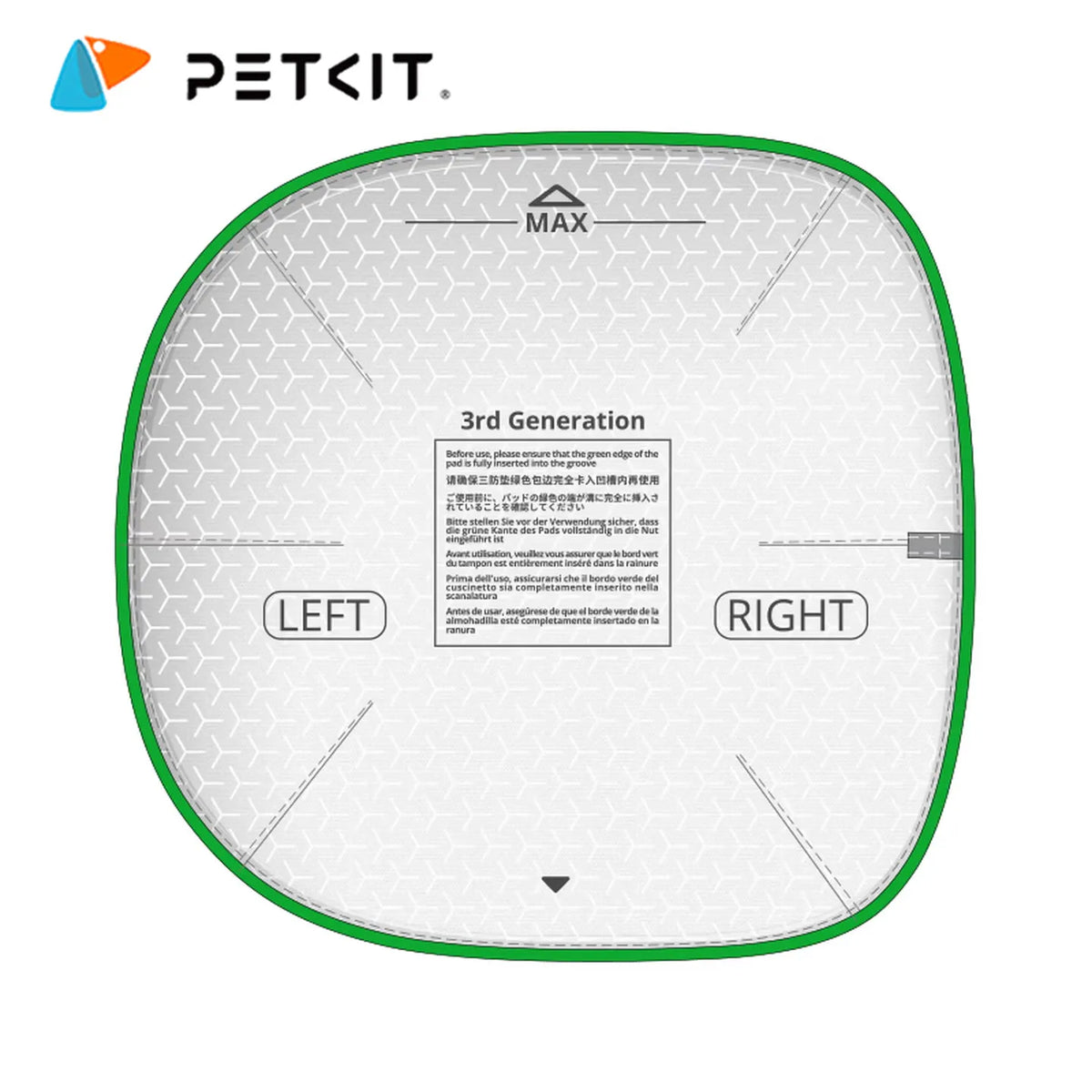 Top-down view of a green replacement litter mat for a pet toilet, marked with left and right indicators.