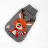 A knitted dog sweater featuring an orange and white fox design on a gray background.