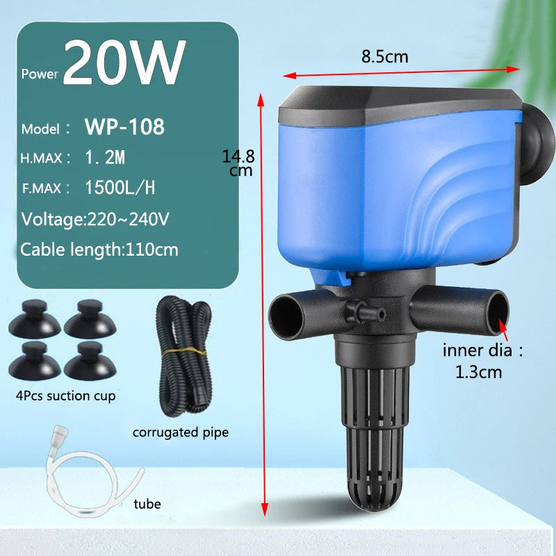 Una bomba de agua sumergible azul con carcasa negra y tubería corrugada junto a varios accesorios.