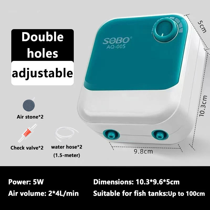 A white and teal double-hole adjustable air pump for aquarium oxygenation with accessories.