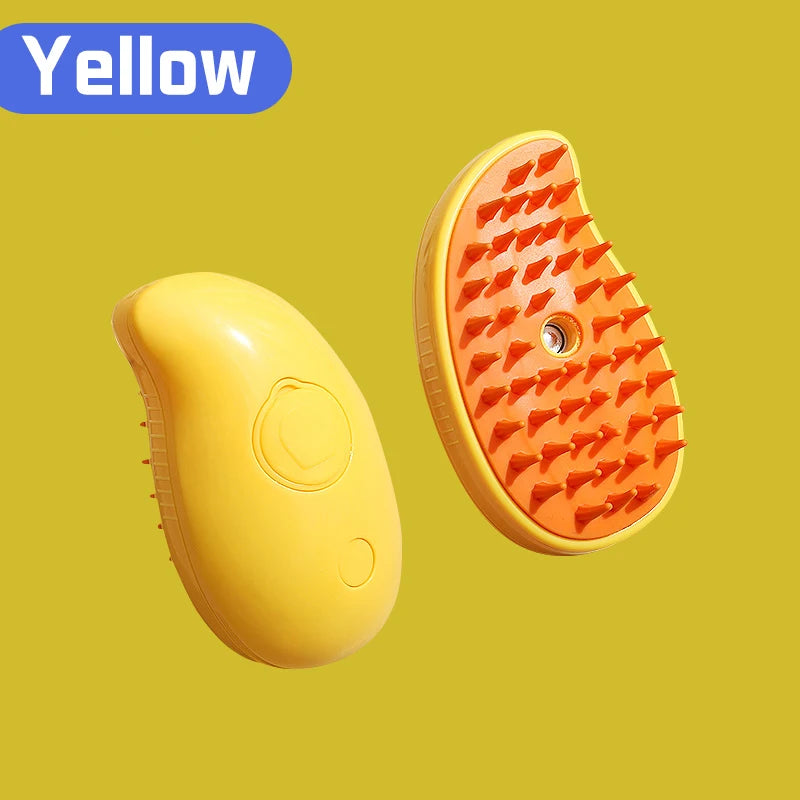 Yellow electric pet grooming brush with orange bristles and a steam comb attachment