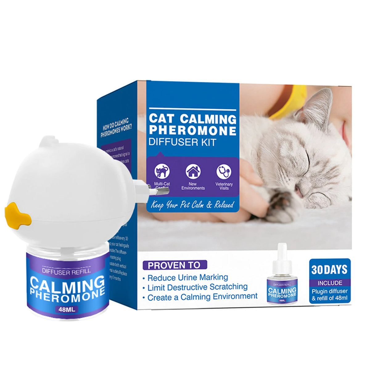 A box and diffuser kit for a cat calming pheromone diffuser with a kitten sleeping nearby.
