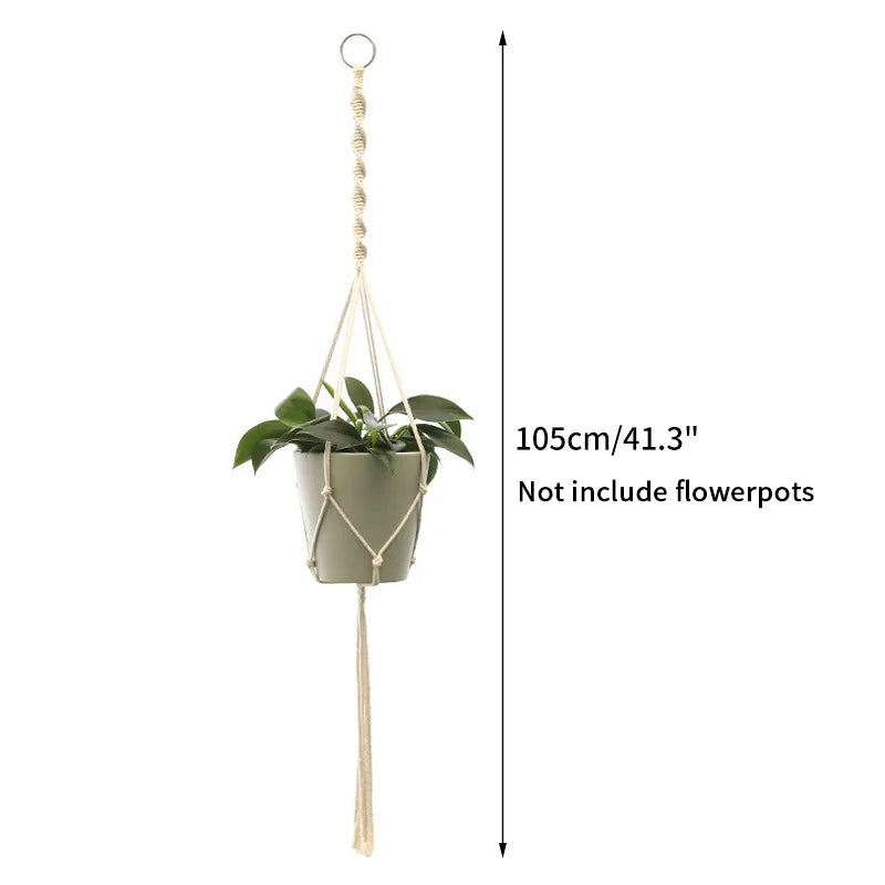 Macrame plant hanger with a gray pot and macrame cord for indoor or outdoor plant decor