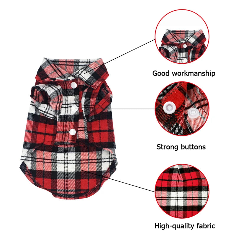 Gilet à carreaux rouge et noir pour petit animal, avec fabrication de qualité et boutons solides.