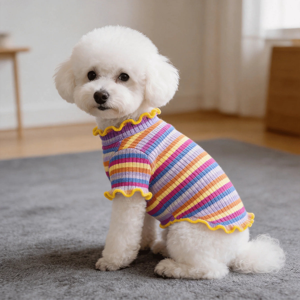 A fluffy white dog wearing a striped cotton t-shirt with yellow trim, sitting on a gray rug.