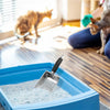 A stainless steel cat litter scoop with a long handle is shown scooping white litter into a blue plastic container.