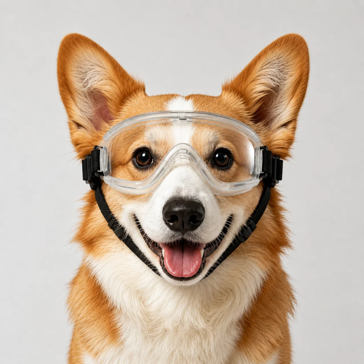 An orange and white dog wearing clear safety goggles with a black strap.
