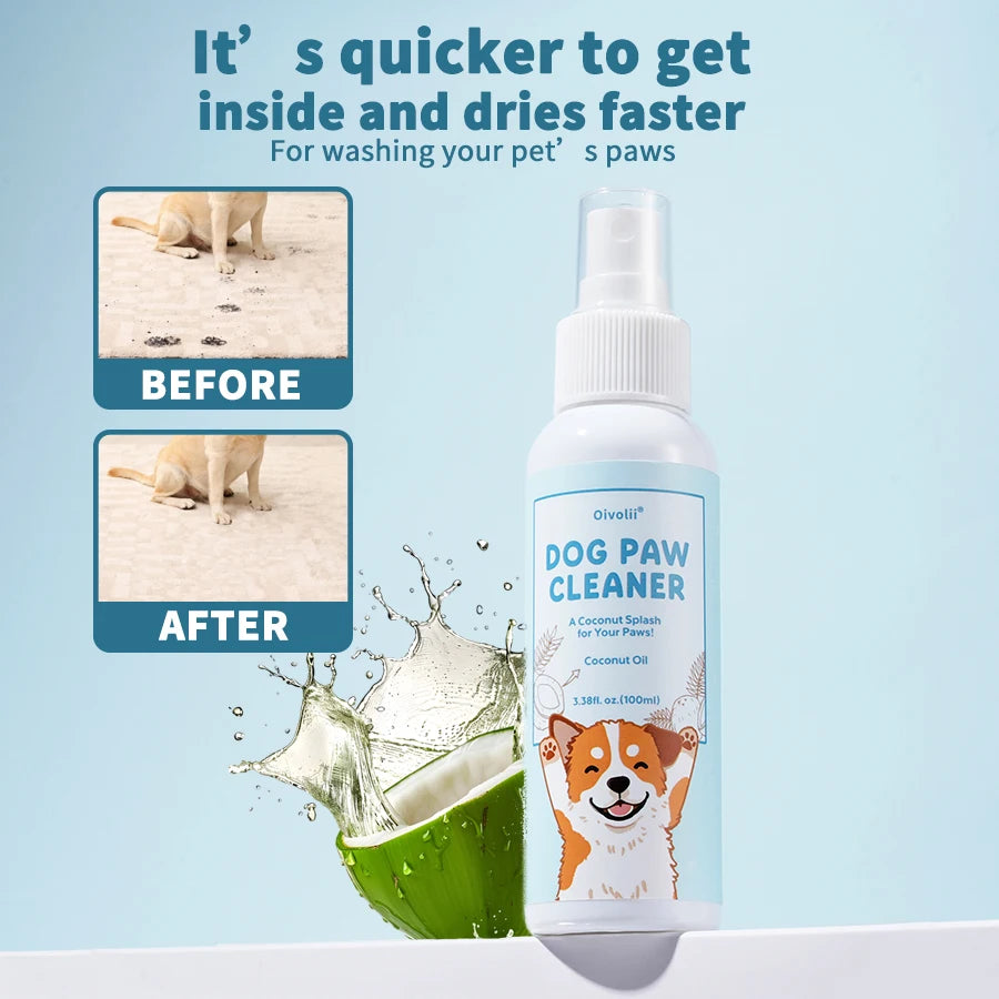 A bottle of Dog Paw Cleaner with coconut oil is shown next to a halved coconut, illustrating the product's effectiveness.