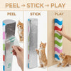 A three-step process showing how to peel a cat scratching post, stick it, and play with it.
