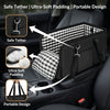 Black foldable dog car seat featuring a safe tether, ultra-soft padding, and portable design.