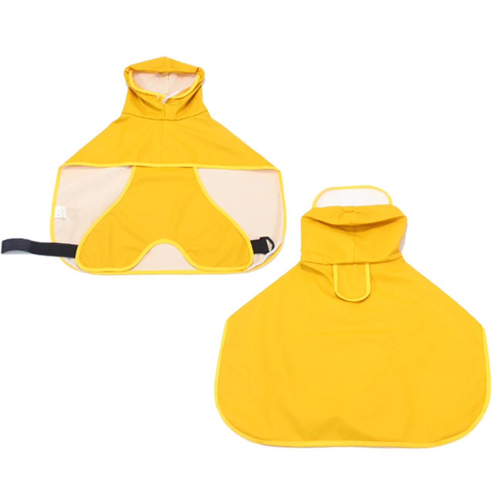 Yellow waterproof pet raincoat for dogs shown in two views