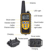 A black remote dog training collar with an antenna, LCD screen, and various buttons for control and charging.