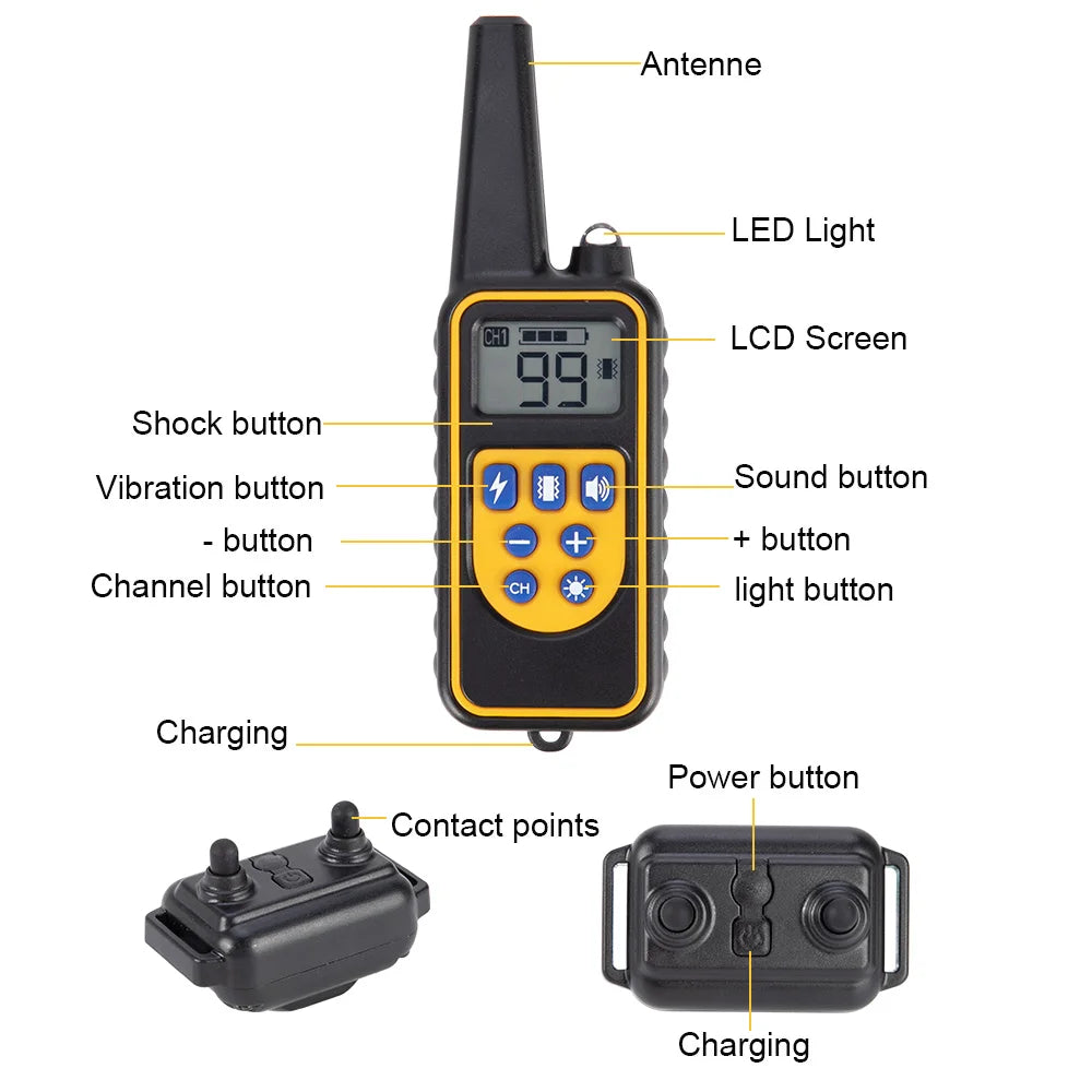 A black remote dog training collar with an antenna, LCD screen, and various buttons for control and charging.
