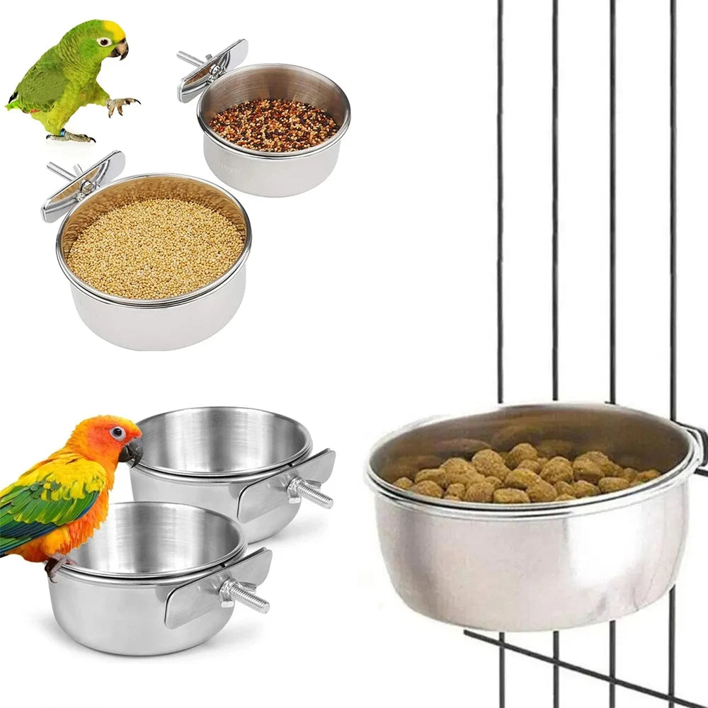 Stainless steel clamp-on pet feeding bowls for bird cages with various seeds and food