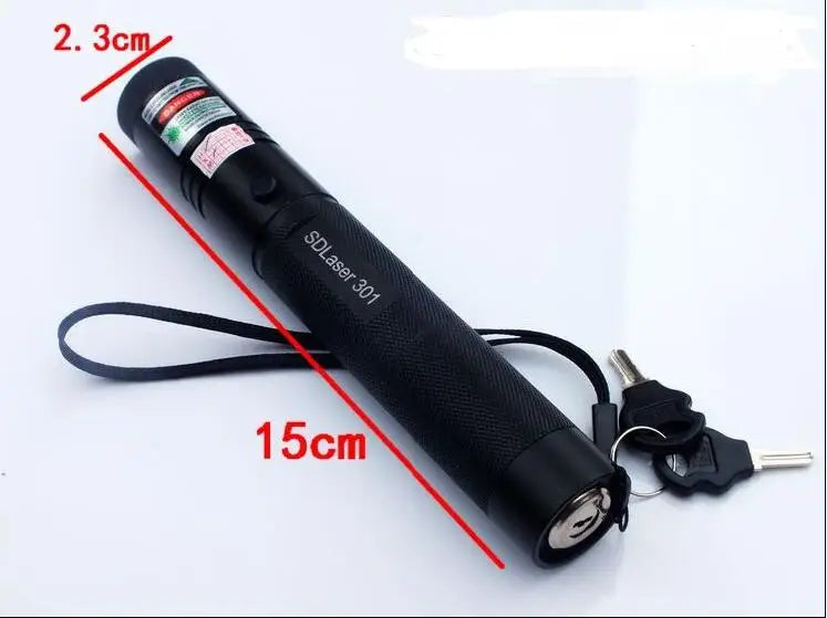 A black portable laser indicator light is shown with measurements indicating its size.