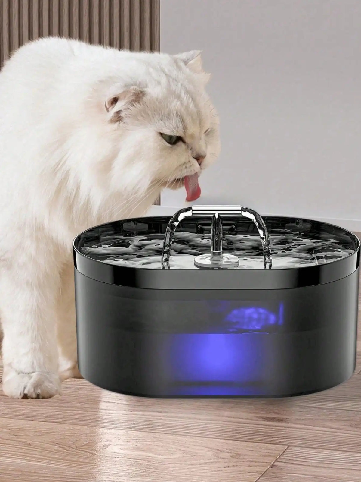 Un chat blanc regarde une fontaine à eau automatique noire avec une lumière bleue sur un plancher en bois.