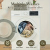 A white washing machine with a door open showing used dog pee pads and various laundry items.