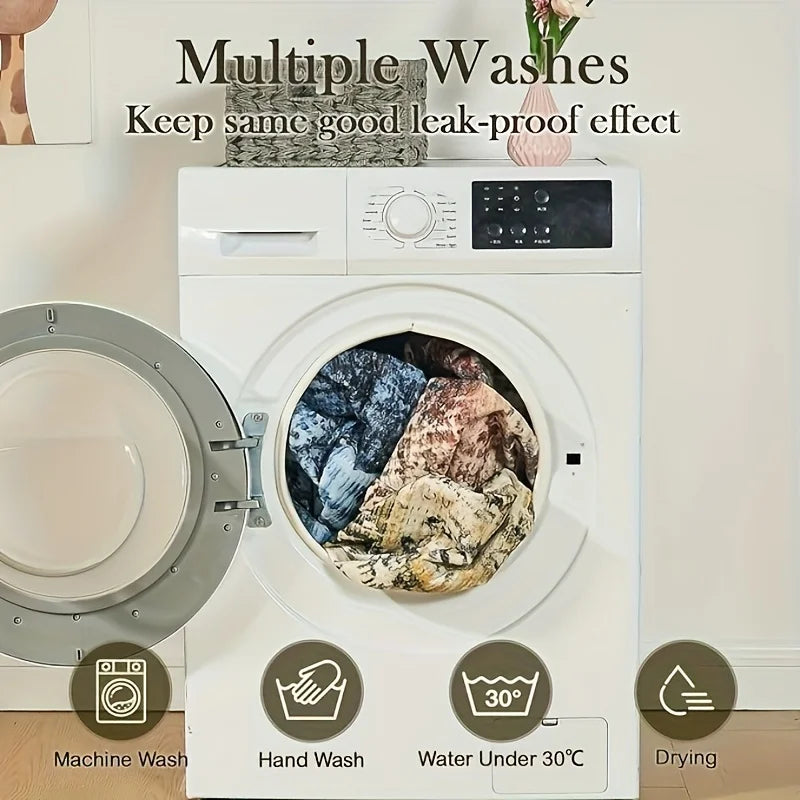 A white washing machine with a door open showing used dog pee pads and various laundry items.