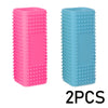 Two silicone pet hair removal brushes, one pink and one blue, shown vertically.