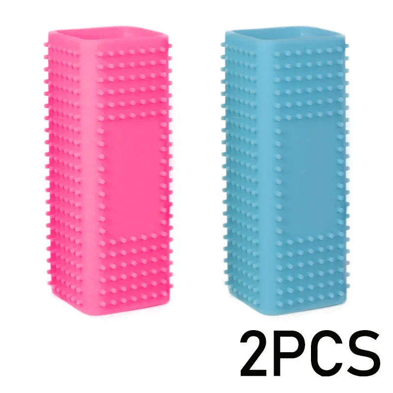 Two silicone pet hair removal brushes, one pink and one blue, shown vertically.