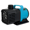 A black submersible water pump with a blue handle and housing, resting on a flat base.