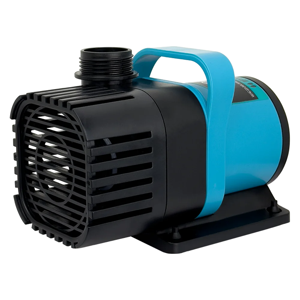A black submersible water pump with a blue handle and housing, resting on a flat base.