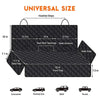 Universal size pet seat cover mat showing various vehicle types including limousine, family car, SUV, and truck.