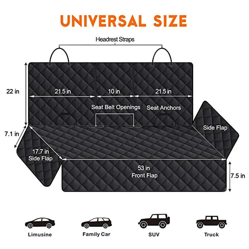 Universal size pet seat cover mat showing various vehicle types including limousine, family car, SUV, and truck.