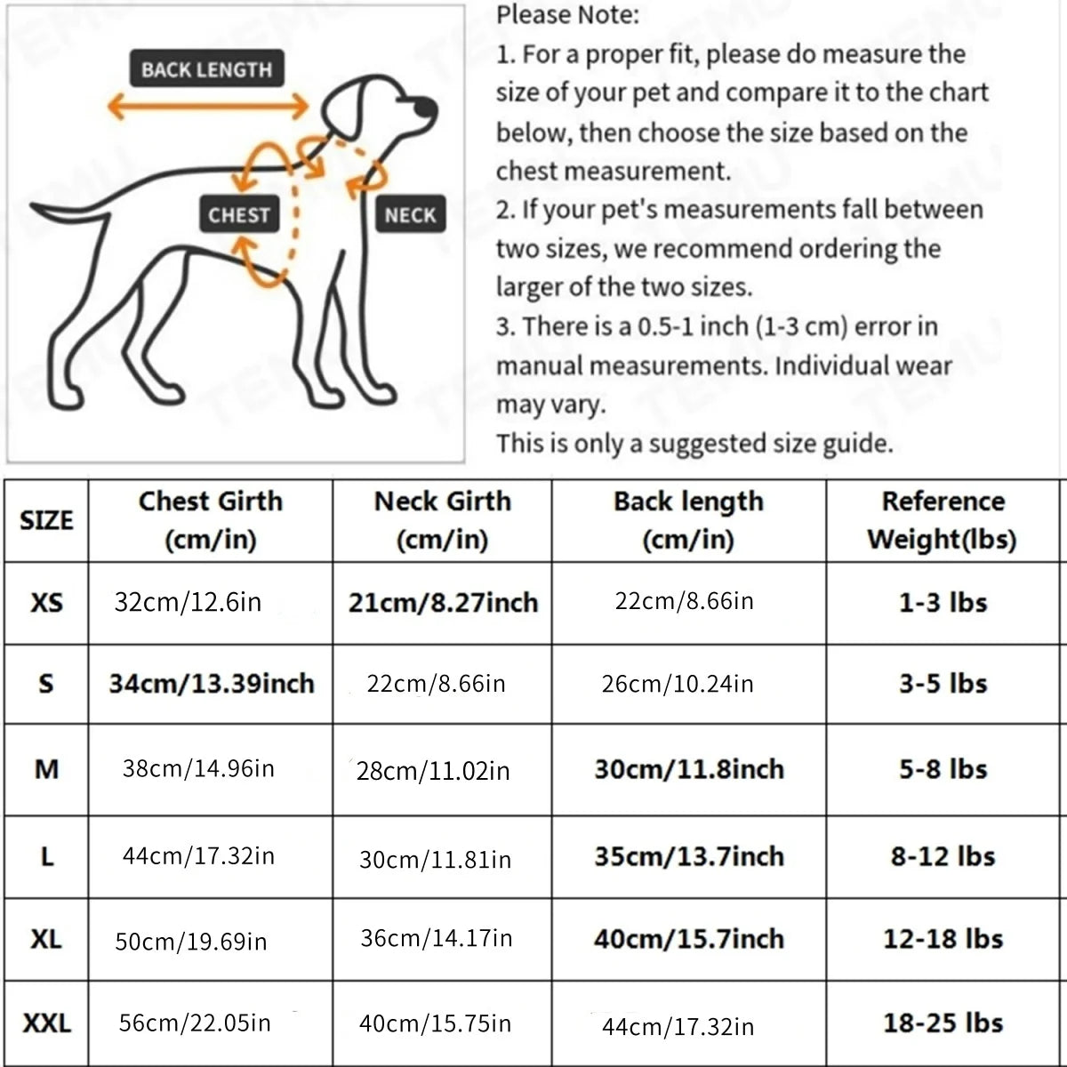 A size guide chart for a printed pet vest, showing measurements for XS to XXL sizes.