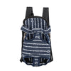 A navy blue adjustable backpack carrier for cats and dogs with a striped pattern.