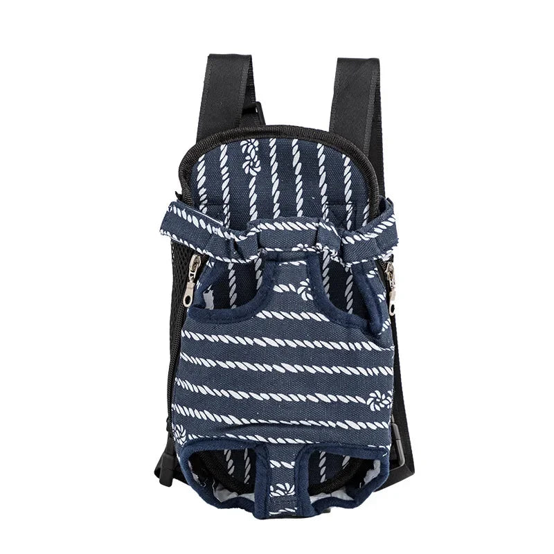 A navy blue adjustable backpack carrier for cats and dogs with a striped pattern.