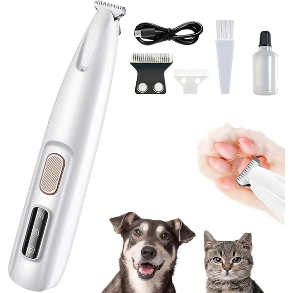A white precision pet grooming trimmer and various attachments are shown alongside a dog and a cat.