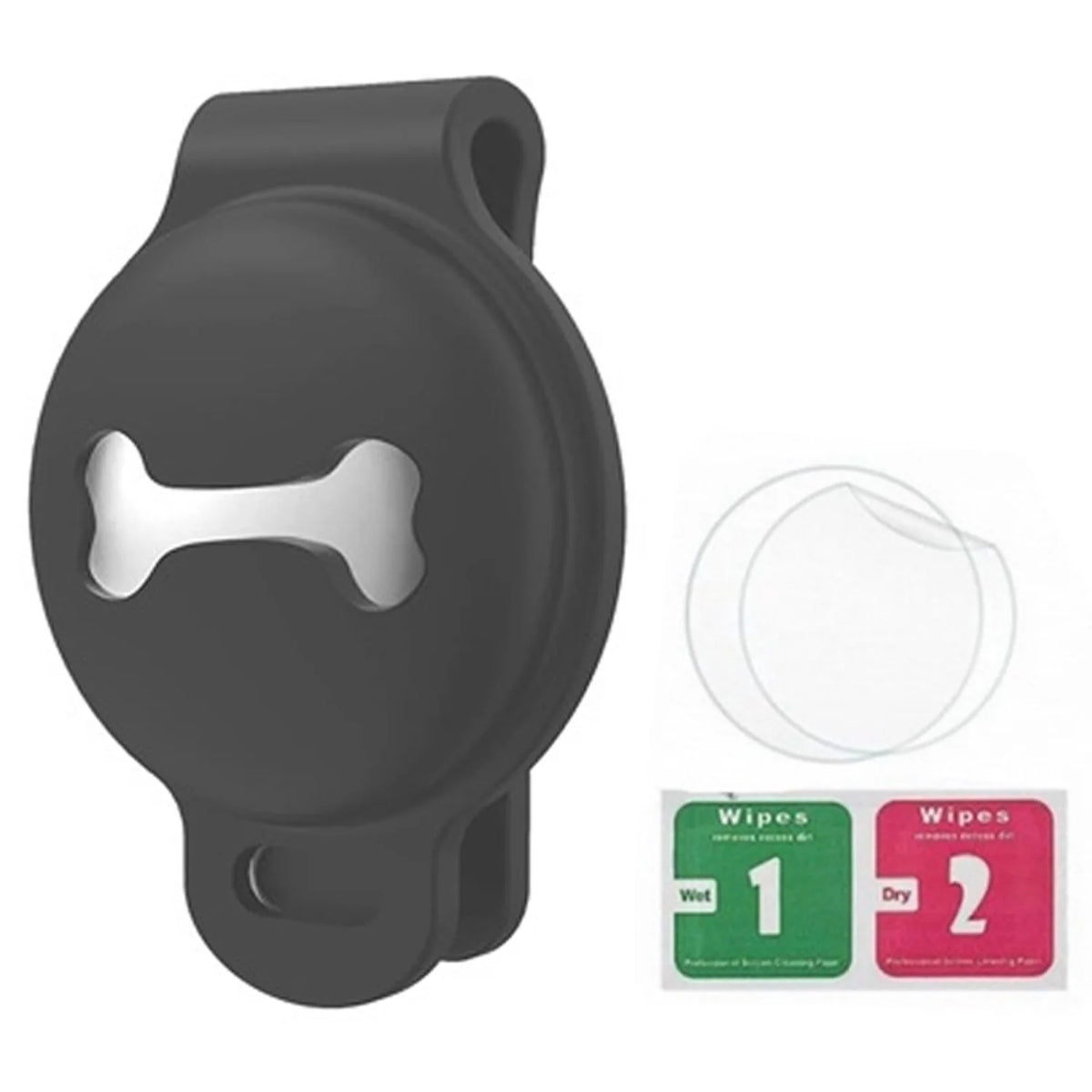 A black silicone airtag holder designed to secure pet collars for tracking.