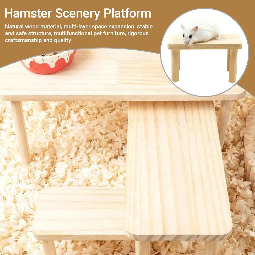 A wooden hamster scenery platform featuring a multi-layer structure and an anti-slip surface.