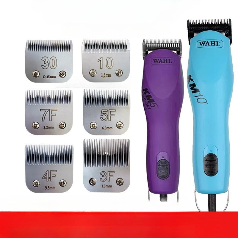 A set of Wahl pet hair clippers showing various blade sizes including 30, 10, 7F, 5F, 4F, and 3F.