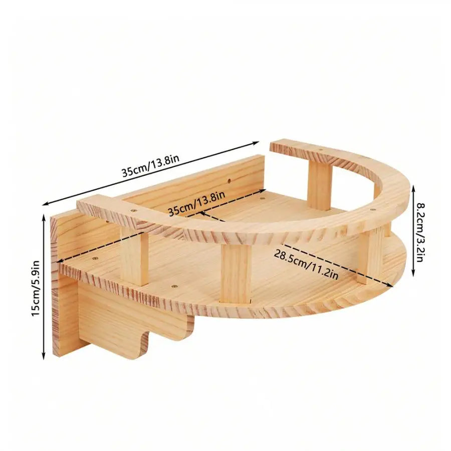 A wooden wall mounted cat climbing shelf and bridge with measurements shown.