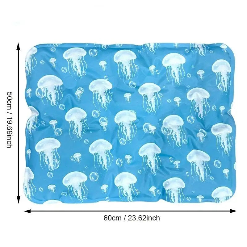 Light blue self-cooling pet mat with a leakproof cover featuring jellyfish-like patterns