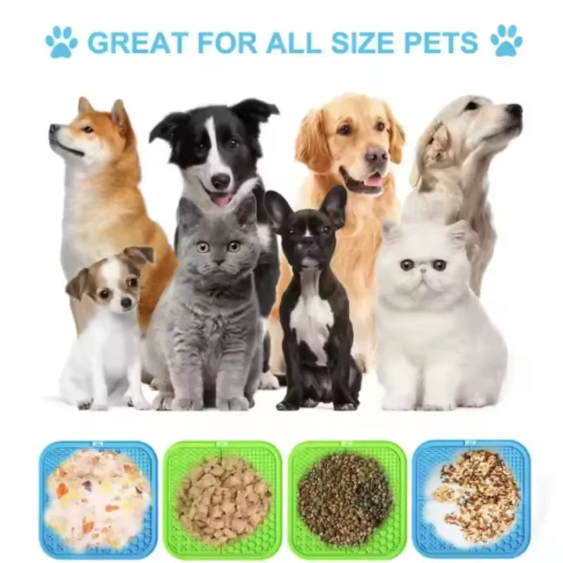 A collection of silicone lick mats for dogs, showing various textures and shapes for bathing and slow food training.