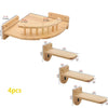 Four natural wooden cat wall shelves and climbing perches with various sizes and supports.