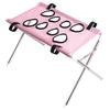 Pink adjustable pet grooming hammock stand with black straps and metal frame