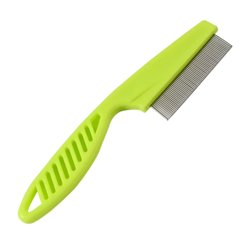 A bright lime green dual-sided pet grooming comb for dogs and cats.