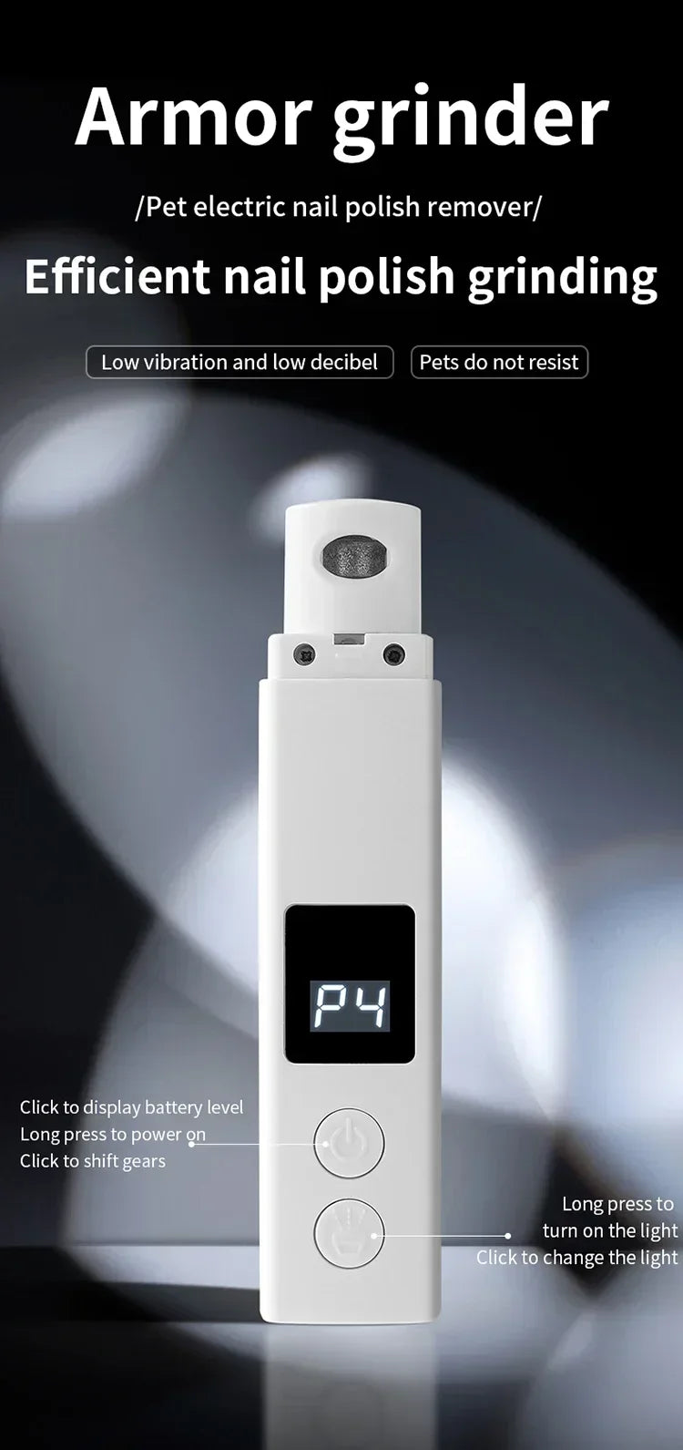 A white pet electric nail polish remover grinder with a digital display and power button.