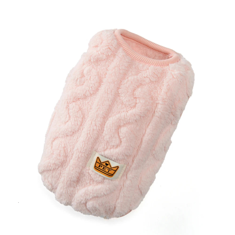A pink, fluffy fleece dog sweater for small and medium breeds.