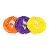 Three colorful fabric play tubes in orange, purple, and yellow with attached balls