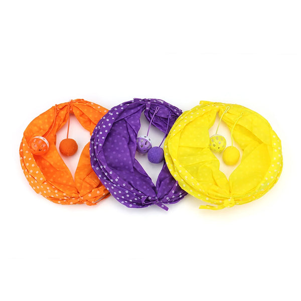Three colorful fabric play tubes in orange, purple, and yellow with attached balls