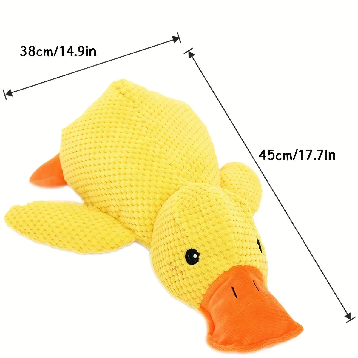 Yellow knitted duck plush toy with orange beak and feet, measuring 38cm/14.9in long.