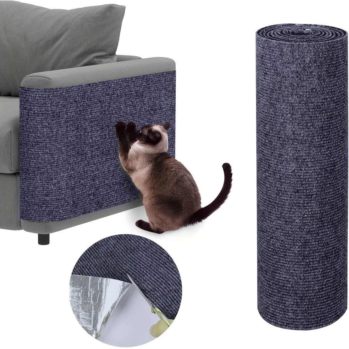 A dark gray cylindrical cat scratching mat and a flat rectangular mat with a cat sitting on it.
