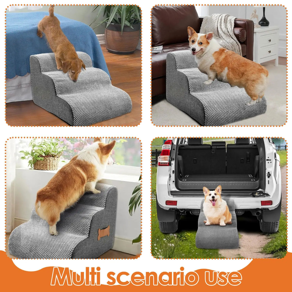 A multi-scenario use product showing foam pet stairs with non-slip covers used by dogs in various indoor and outdoor settings