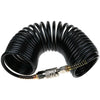 Black heavy-duty air compressor hose coiled for use with a quick coupler and PE adapter