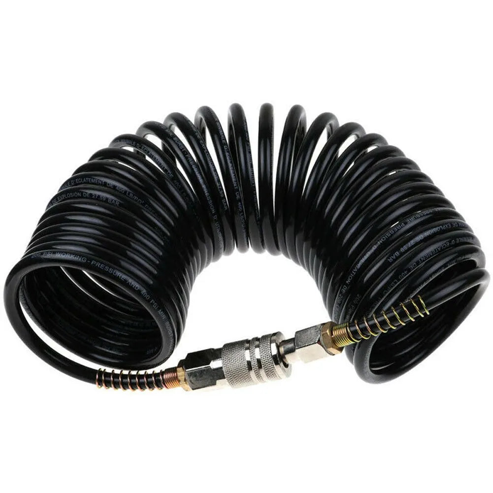 Black heavy-duty air compressor hose coiled for use with a quick coupler and PE adapter
